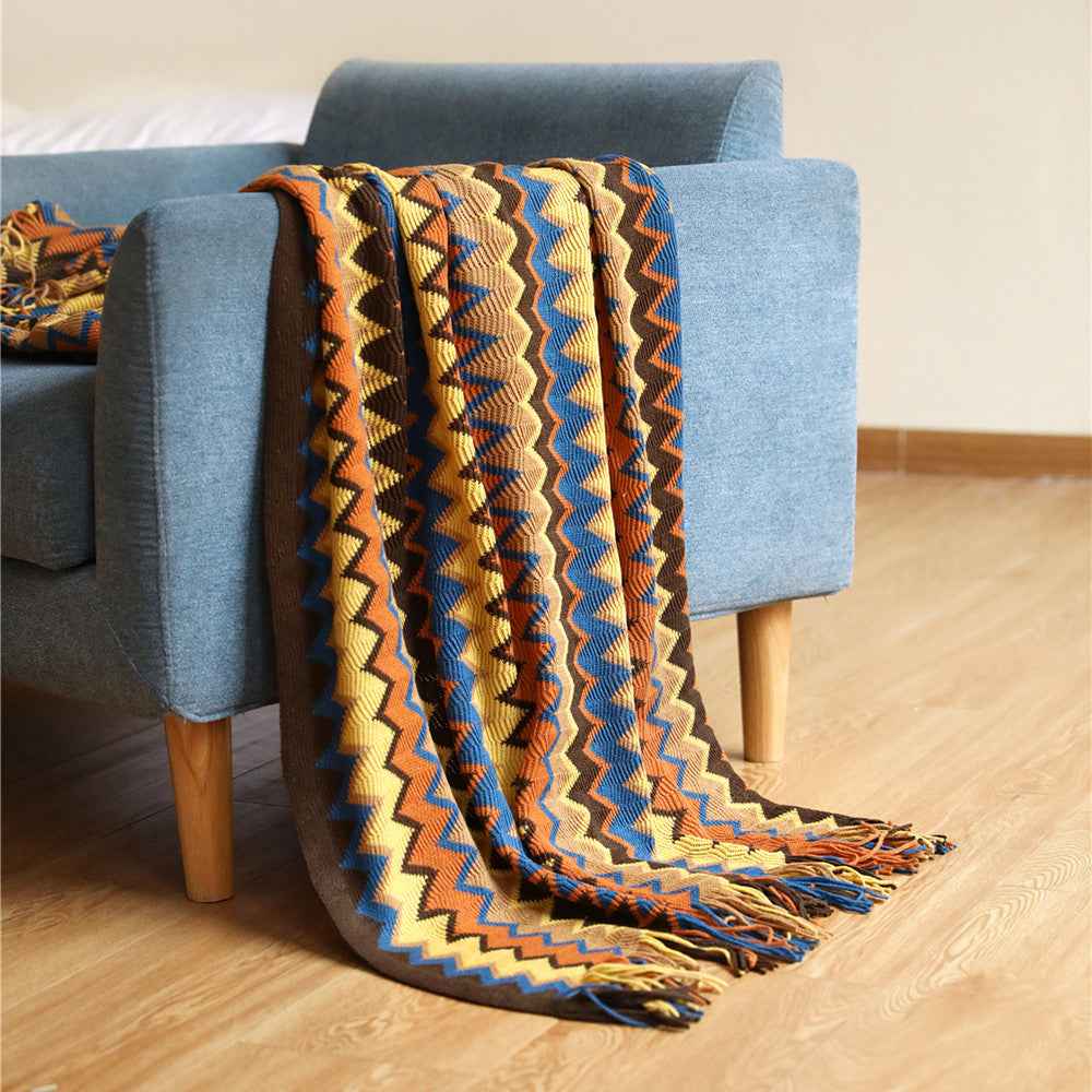 Bohemian Striped Knit Blanket Sofa Throw Geometric Design
